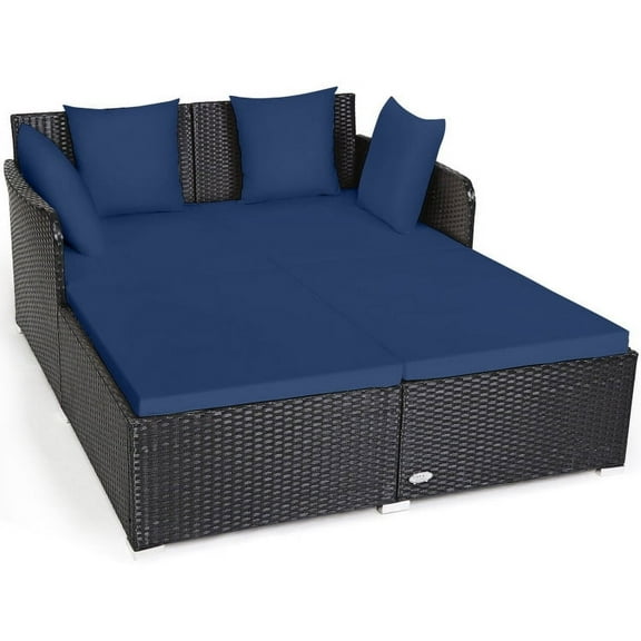 Resenkos Spacious Outdoor Rattan Daybed with Upholstered Cushions and Pillows-Navy, Patio Seating Conversation Set, Modern Patio Sofa Sectional All Weather Proof for Patio Back Deck