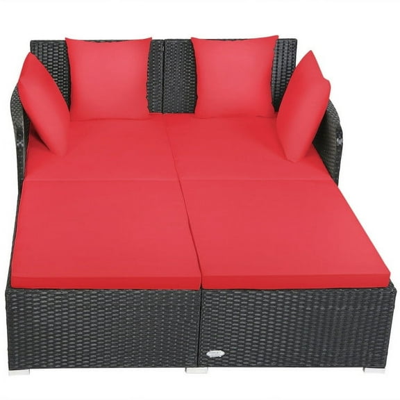 Resenkos Spacious Outdoor Rattan Daybed with Upholstered Cushions and Pillows-Red, Patio Seating Conversation Set, Modern Patio Sofa Sectional Proof for Patio Back Deck
