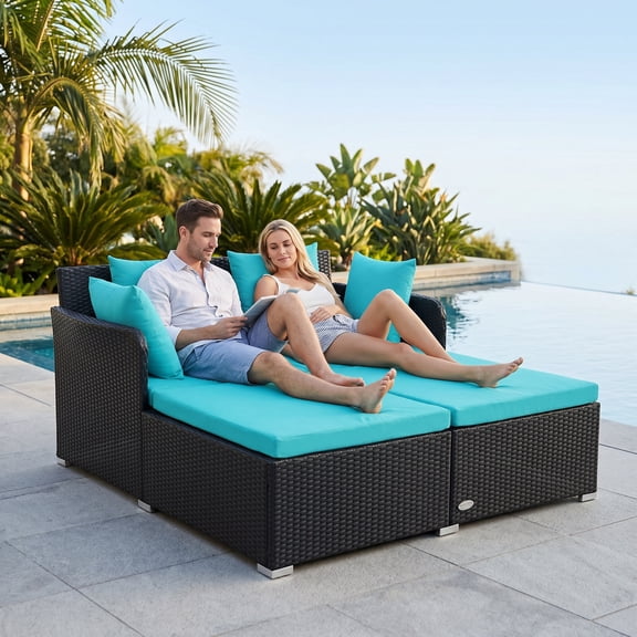 Resenkos Spacious Outdoor Rattan Daybed with Upholstered Cushions and Pillows-Turquoise, Patio Seating Conversation Set, Modern Patio Sofa Sectional Proof for Patio Back Deck