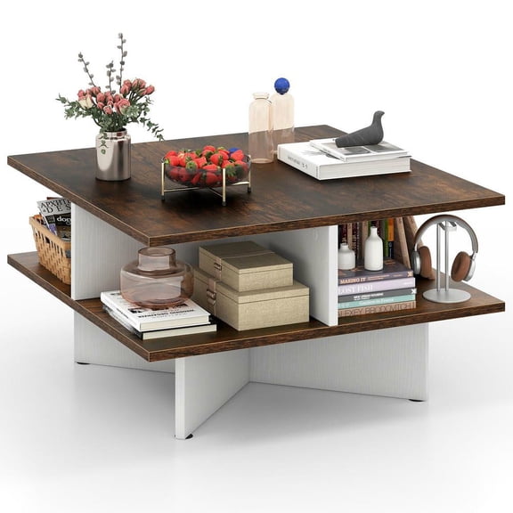 Resenkos Square 2-Tier Coffee Table with 4 Built-In Storage Compartments, Rustic Brown