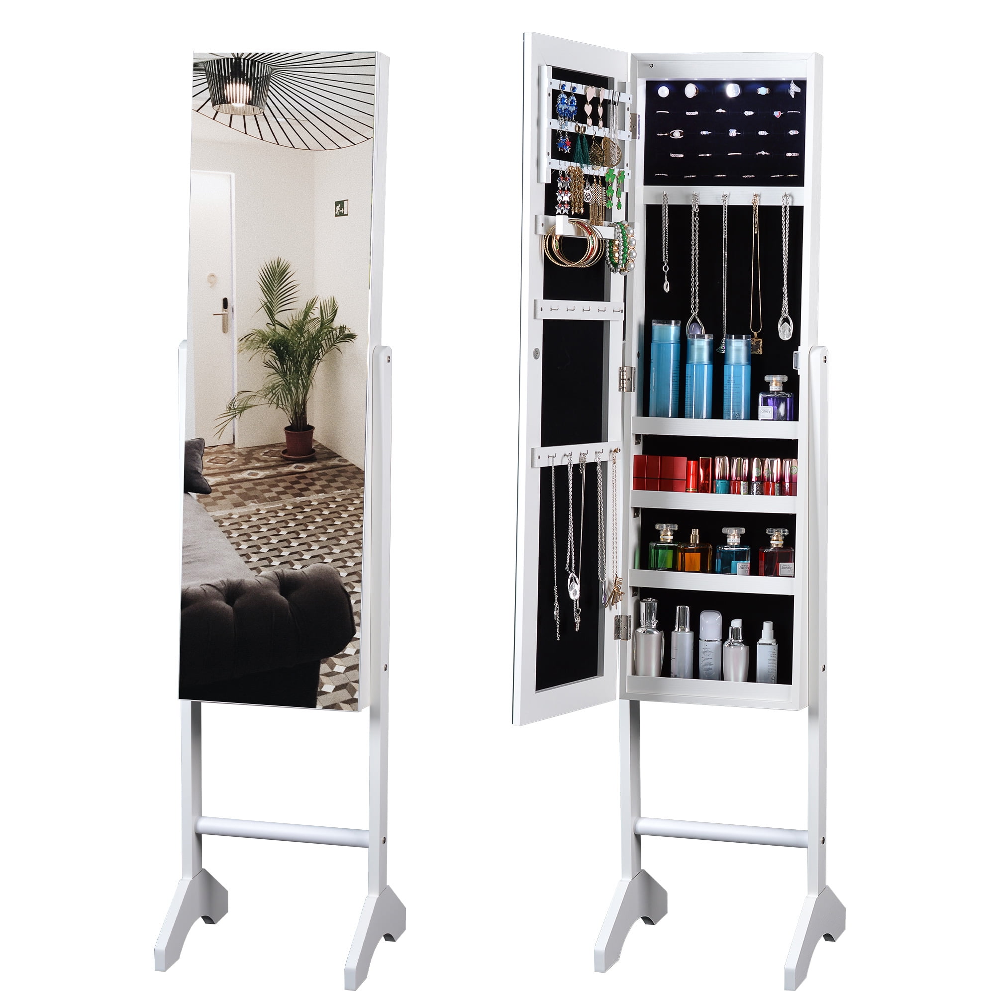 Resenkos Standing Mounted Jewelry Armoire with Full-Length Mirror, White Lockable Jewelry Organizer Cabinet