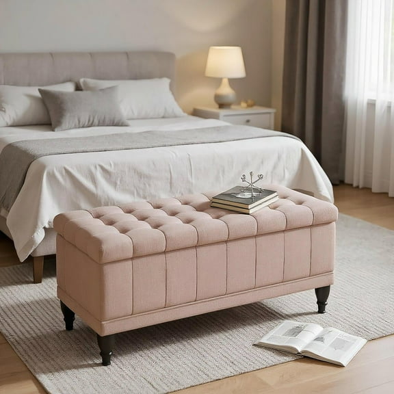 Resenkos Storage Ottoman Bench - Linen Fabric Button Tufted, Soft Close Lid, for Living Room/Entryway/Bedroom, Beige