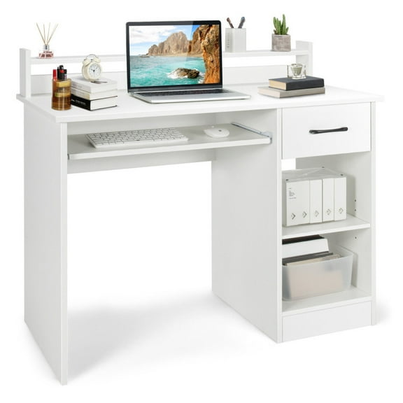 Resenkos Study Laptop Table with Drawer and Keyboard Tray-White, Home Office Desks, Gaming Computer Desks for Study,Working,Writing