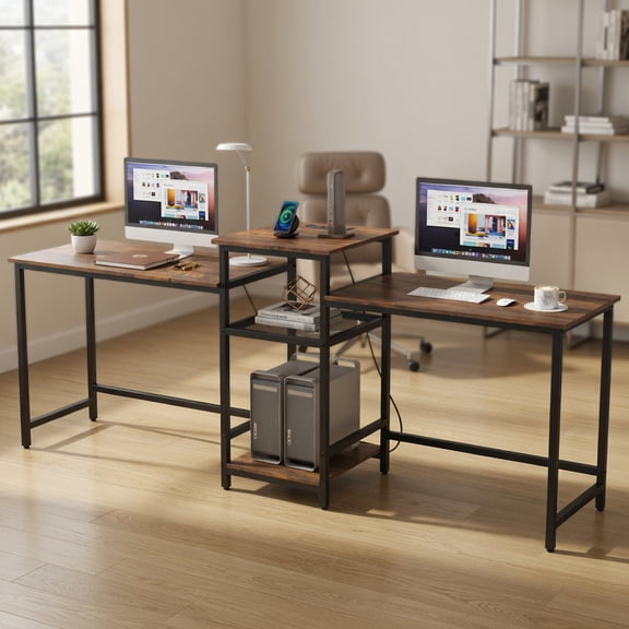 Resenkos Study Writing Desk, Computer Desk,2-Person Computer Desk with Power Outlet and Printer Stand-Rustic Brown
