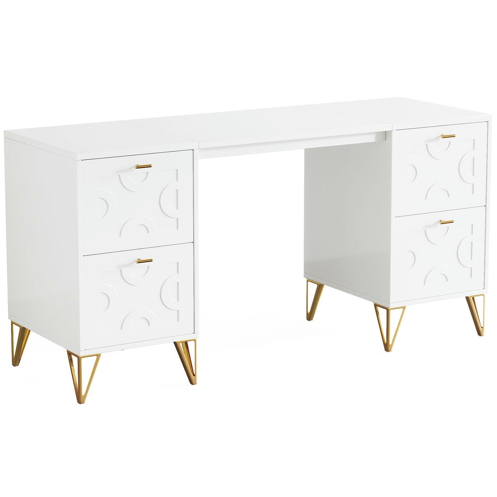 Resenkos Study Writing Desk, Computer Desk,59" White Computer Desk with File Drawers, Wood Executive Desk for Home Office,White