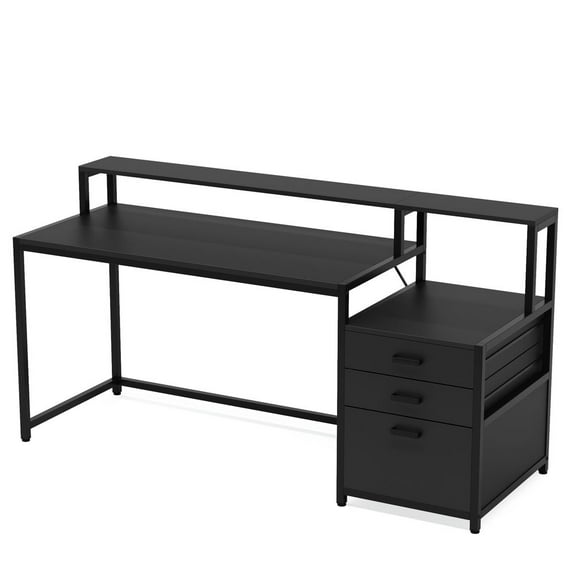 Resenkos Study Writing Desk, Computer Desk,63" Computer Desk, Ergonomic Office Desk with Drawers & Monitor Stand,Black
