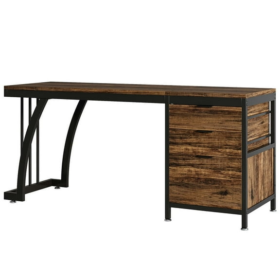 Resenkos Study Writing Desk, Computer Desk,Industrial Computer Desk, 59" Study Desk with Reversible Drawer Cabinet,Brown