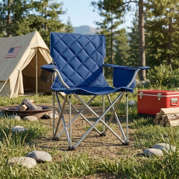 Resenkos Sturdy Extra Large Outdoor Foldable Chair, Built-In Cooler Bag & Cup Holder Portable Seat for Camping, Picnic and Park, Blue