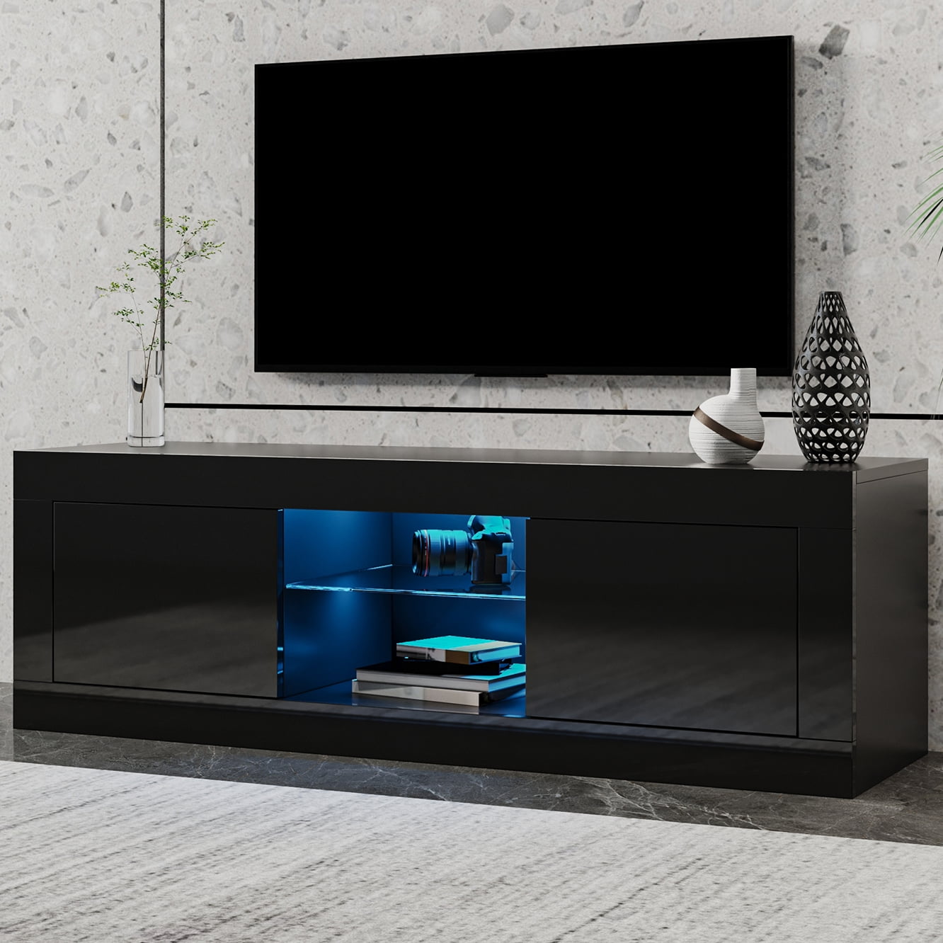 Resenkos TV Console Cabinet for up to 55" Television, LED TV Media Stand for Living Room Entertainment Center, Black