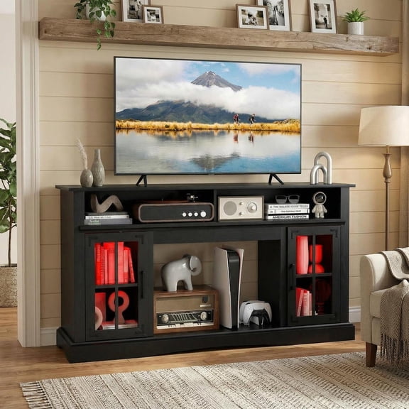 Resenkos TV Stand Entertainment Center with LED Lights & Remote Control, Modern Media Console for Living Room & Home Theater, Black