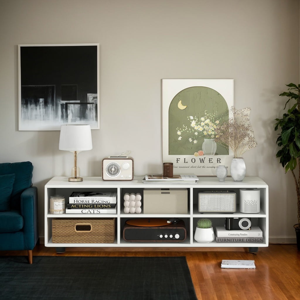 Resenkos TV Stand for TV up to 55 Inch with 6 Storage Compartments-White, Mid Century Modern TV Stand for Living Room Bedroom