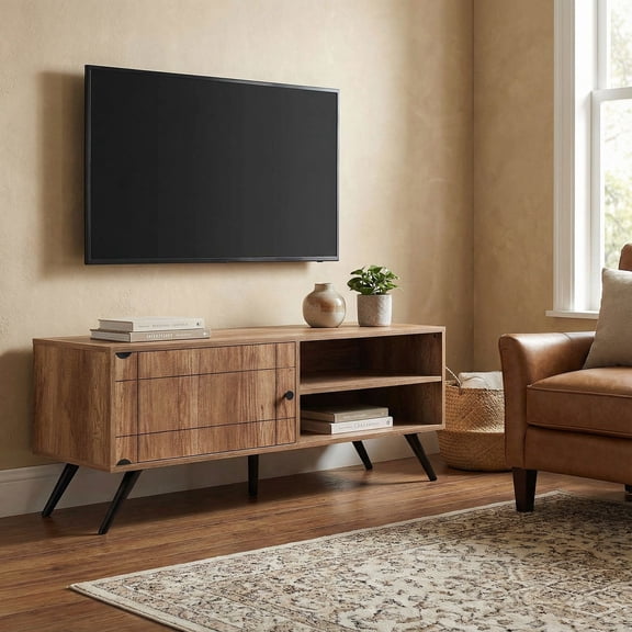 Resenkos TV Stand for TVs Up to 55 Inch, Mid Century Modern Storage Cabinet Entertainment Center for Living Room, Oak