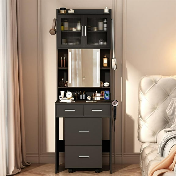 Resenkos Table & Chair Vanity Set, Vanity Set,Vanity Desk with Sliding Mirror and LED Lights, Makeup Table with Charging Station and Storage Shelves,Black