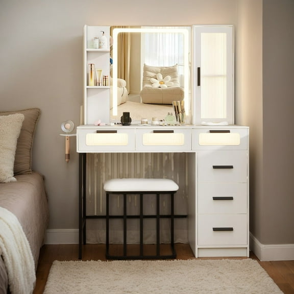 Resenkos Table & Chair Vanity Set, Vanity Set,Makeup Vanity Desk with 3-Color Induction LED Lights and 6 Drawers-White