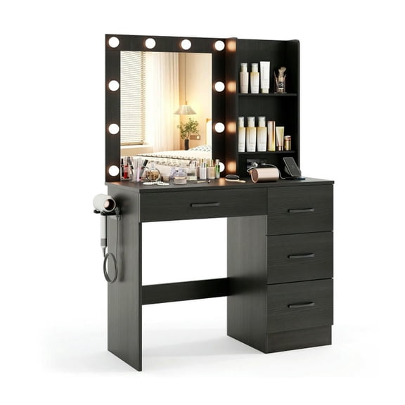 Resenkos Table Vanity, Vanity Desk,Vanity Desk with 3-Color Lights and Power Outlets-Black