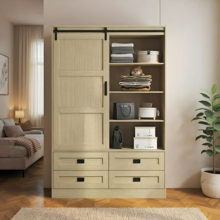 Resenkos Tall Bedroom Armoire Wardrobe Closet, Clothing Storage Cabinet with Hanging Rod, Barn Door, Drawers & Open Shelves - Brown