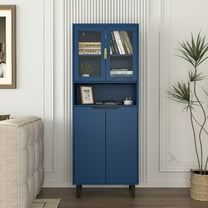 Resenkos Tall Storage Show Cabinet with 2 Glass Display Door & 2 Doors, Tall Kitchen Pantry Cabinet with Gold Handles, Modern Cabinet Freestanding for Bathroom, Dining Living Room, Blue