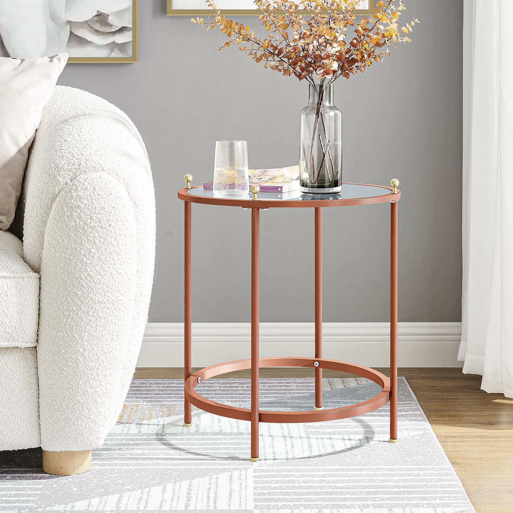 Resenkos Tempered Glass Tabletop End Table, Round Storage Side Table with Rose Golden Metal Frame for Bedroom Living Room