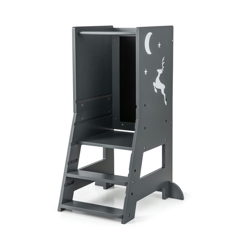 Resenkos Toddler Kitchen Stool Helper Baby Standing Tower with Chalkboard and Whiteboard-Gray, Kids Step Stool for The Bedroom, Bathroom, Kitchen