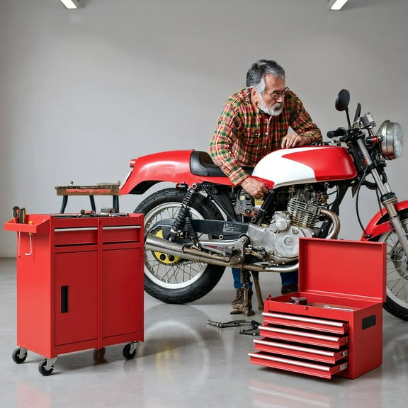 Resenkos Tool Box, Removable Cabinet Storage Tool Chest,2-in-1 Tool Chest and Cabinet with 5 Sliding Drawers-Red