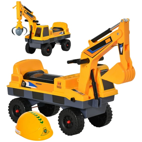 Resenkos Toy Car,No Power 2 in 1 Ride On Excavator with Helmet and Claw, Construction Truck Set, Yellow