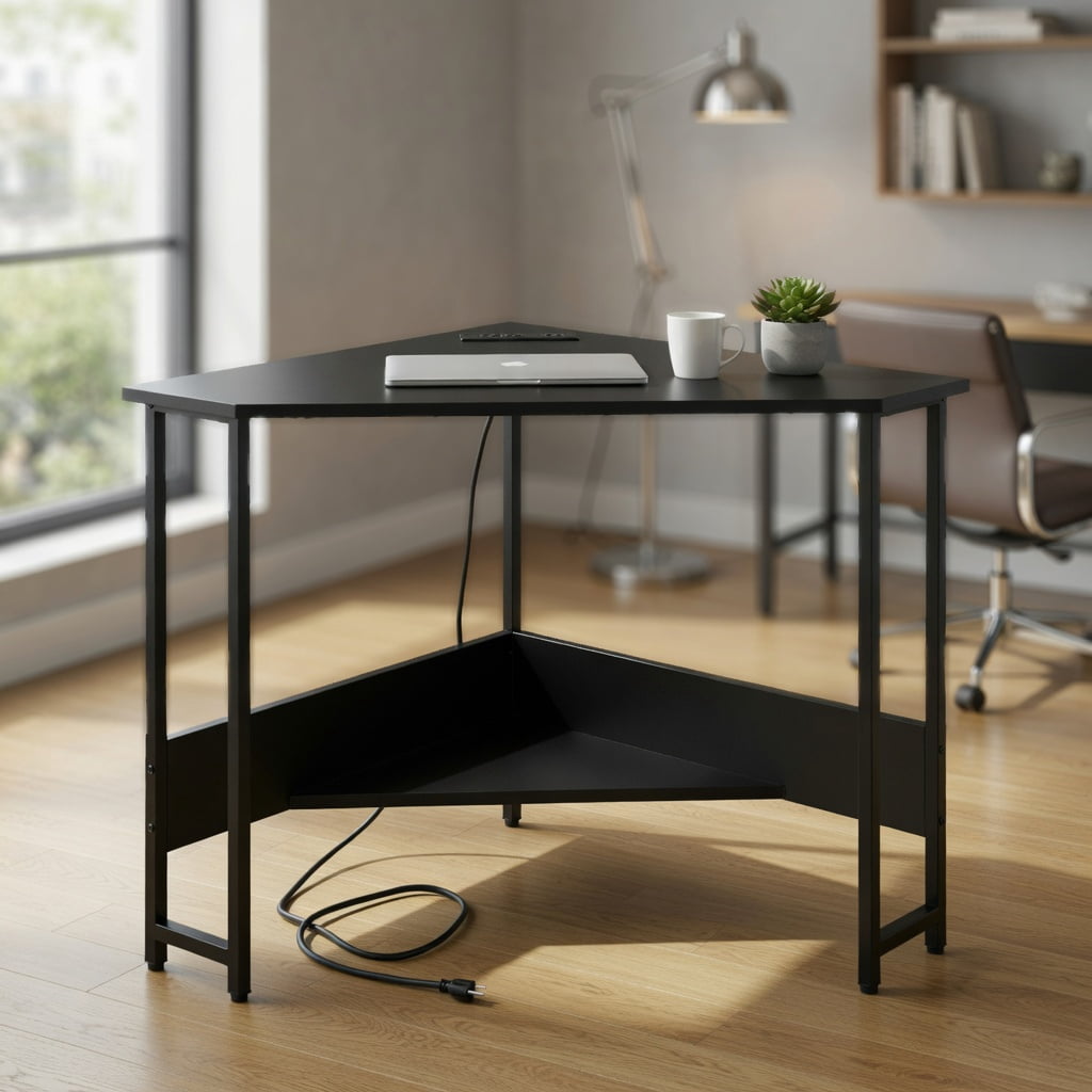 Resenkos Triangle Computer Corner Desk with Charging Station-Black ...