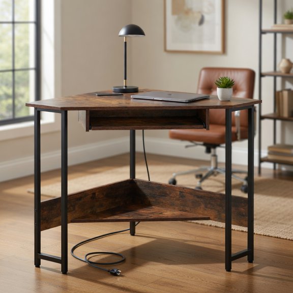 Resenkos Triangle Corner Desk with Charging Station Keyboard Tray and Storage Shelf-Rustic Brown, Home Office Desks, Gaming Computer Desks for Study,Working,Writing