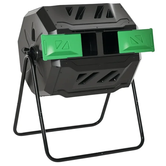 Resenkos Tumbling Compost Bin Outdoor 360 Dual Chamber Rotating Composter 43 Gallon, Green