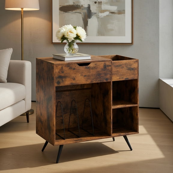 Resenkos Turntable Stand with Built-In Electrical Power Outlet, Rustic Brown