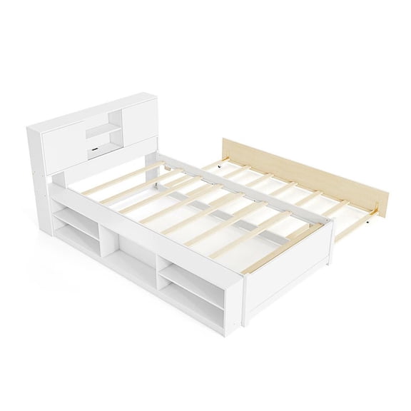 Resenkos Twin Bed Frame with Built-In Trundle and Convenient Power Outlets, Space-Saving Design with Integrated USB Charging Ports, White