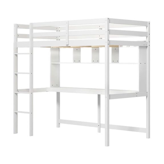 Resenkos Twin Loft Bed with Integrated Study Desk and Storage Shelves, Complete Workspace Solution for Dorm Rooms and Apartments, White