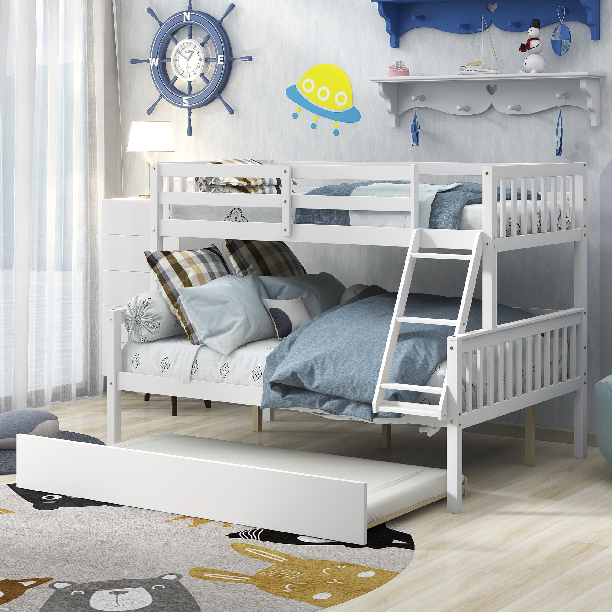 Resenkos Twin Over Full Bunk Bed with Trundle, Convertible into 2 Beds, the Bunk Bed with Ladder and Safety Rails,White