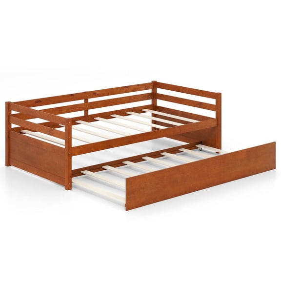 Resenkos Twin Size Platform Bed Frame with Pull-Out Trundle and Wooden Slat Support, Ideal for Guest Rooms or Small Spaces with Extra Sleeping, Walnut