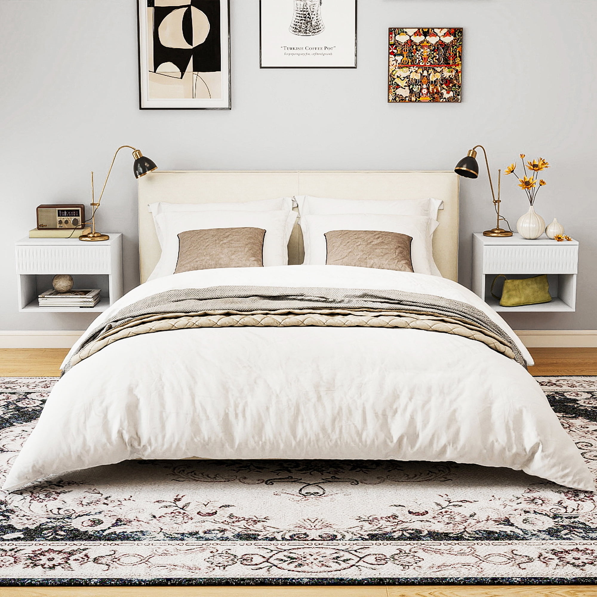 Resenkos Twist-Textured Double-Mounted Wall-Mounted Floating Nightstand with Drawer for Bedroom - White