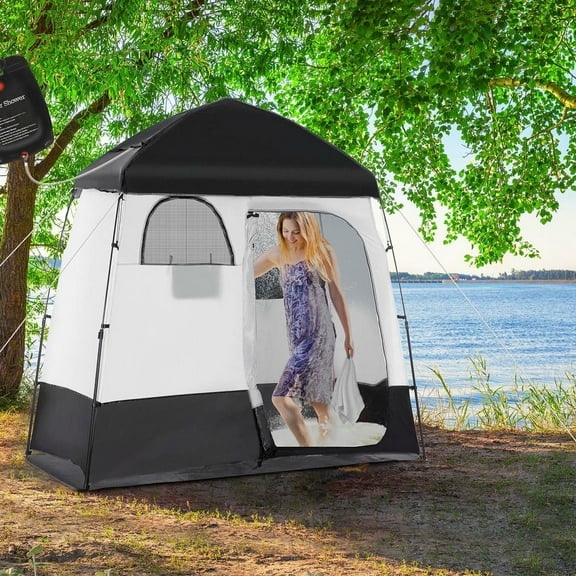 Resenkos Two Room Pop Up Shower Tent, with Shower Bag, Floor and Carry Bag, Easy to Pop Up for Outdoor Privacy, Black