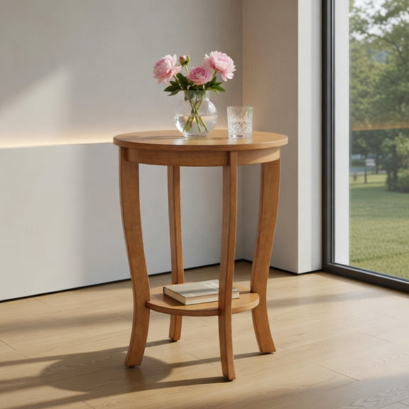 Resenkos Two-Tier Round End Table with Solid Wood Legs, Natural Finish