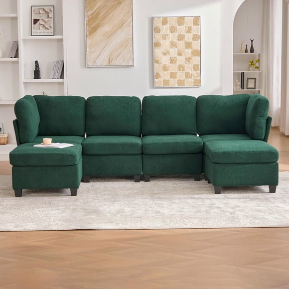 Resenkos U-Shaped 6-Seat Sectional, Configurable Modular Couch with Chaise and Storage Ottoman, Emerald