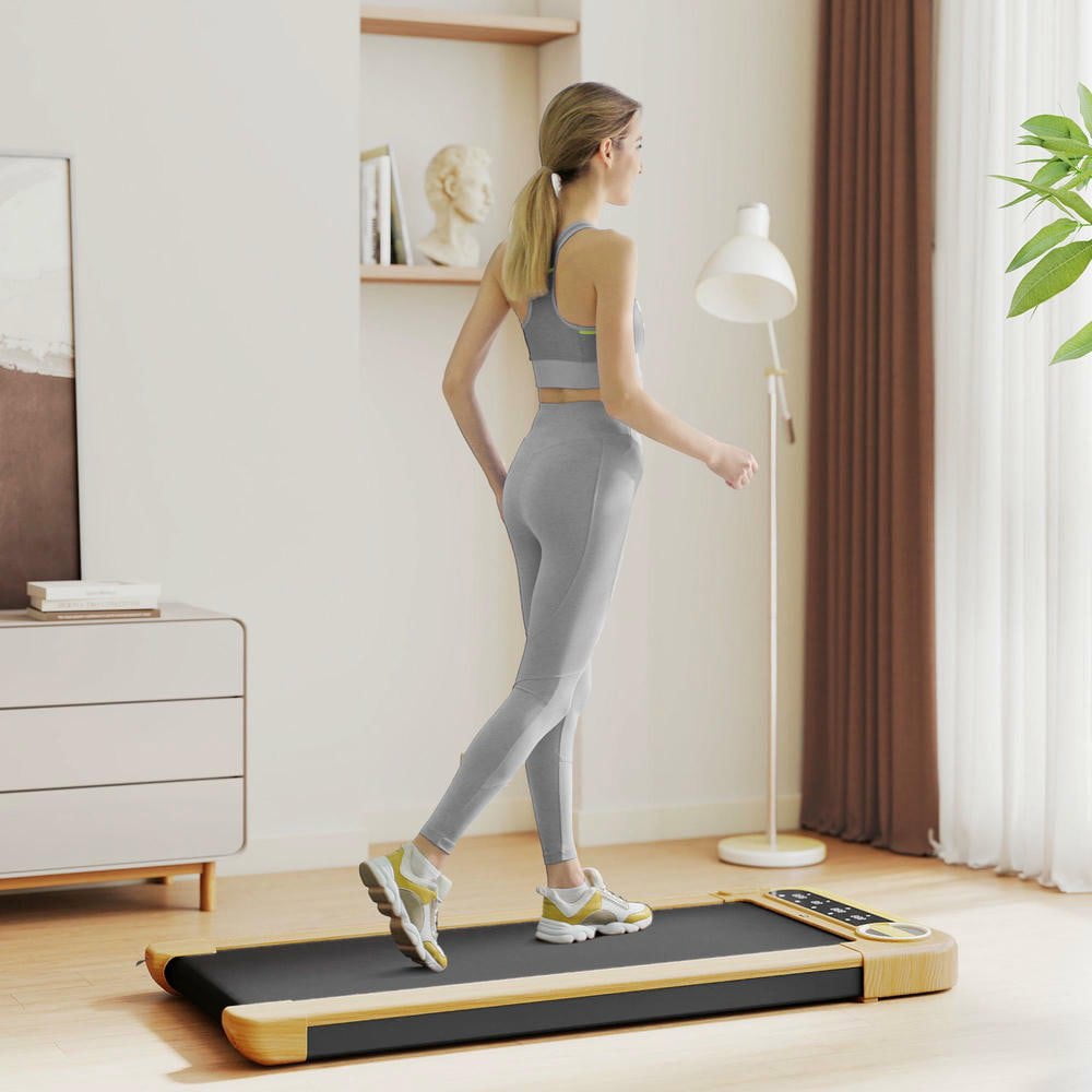 Resenkos Under Desk Treadmill with Wide Running Belt, Bluetooth Speaker & Wheels - Natural Wood