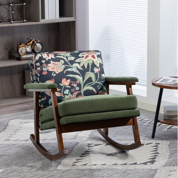 Resenkos Upholstered Comfortable Wooden Rocker, Vintage Style Accent Chair for Living Room, Sunroom and Study Room, Green