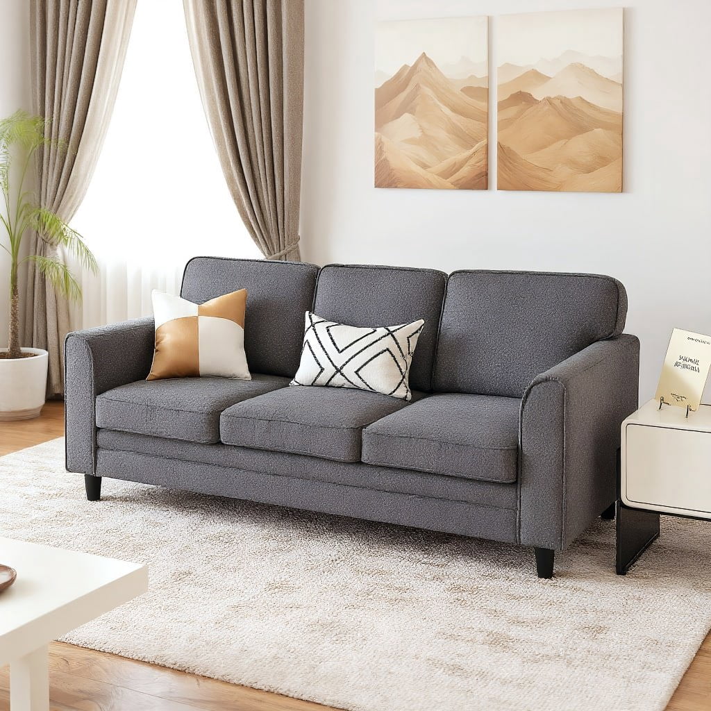 Resenkos Upholstered Teddy Velvet 3-Seat Sofa with Comfy Back Pillows-Gray