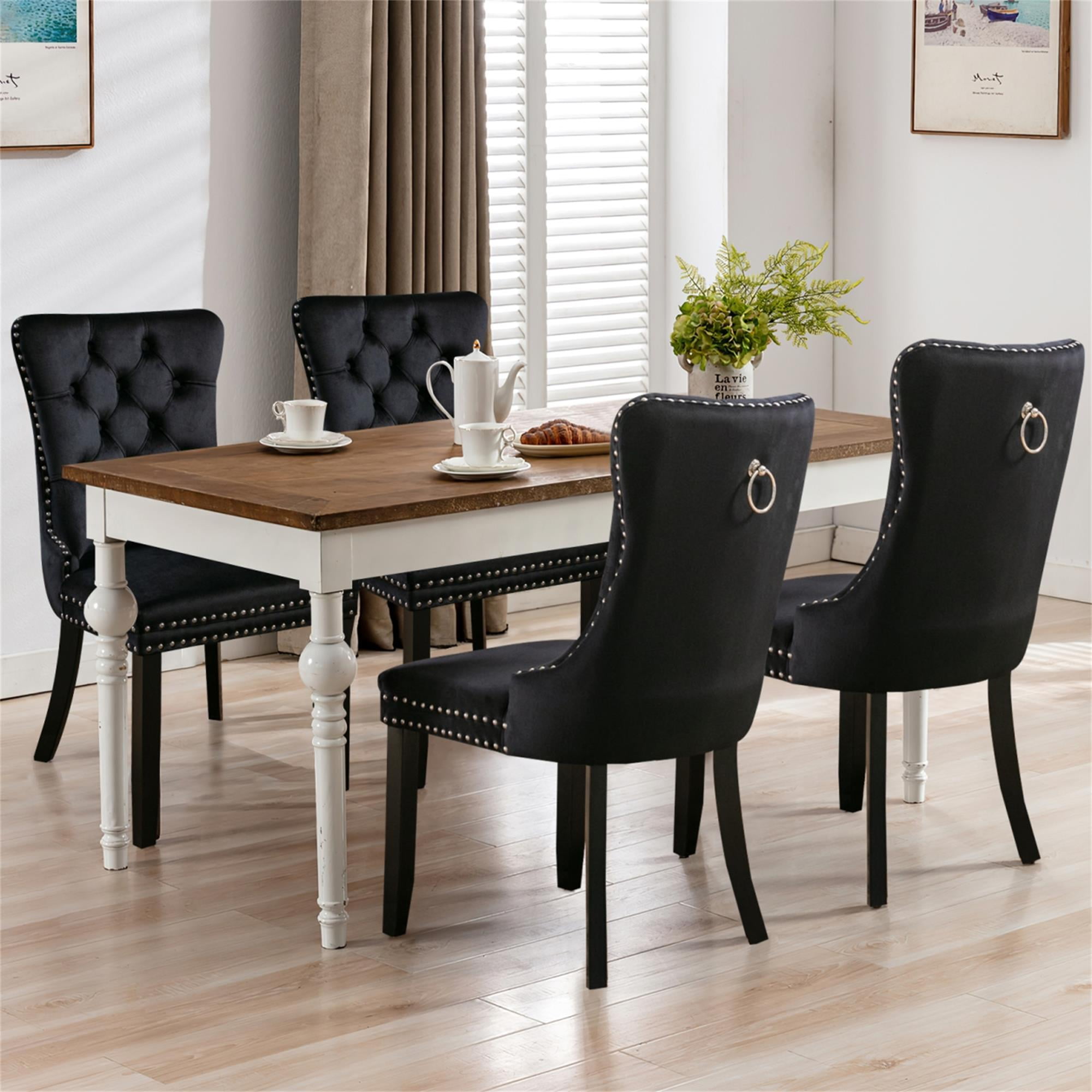 Resenkos Upholstered Tufted Dining Chairs Set of 2 with Nail Head Decor, Black Velvet Fabric