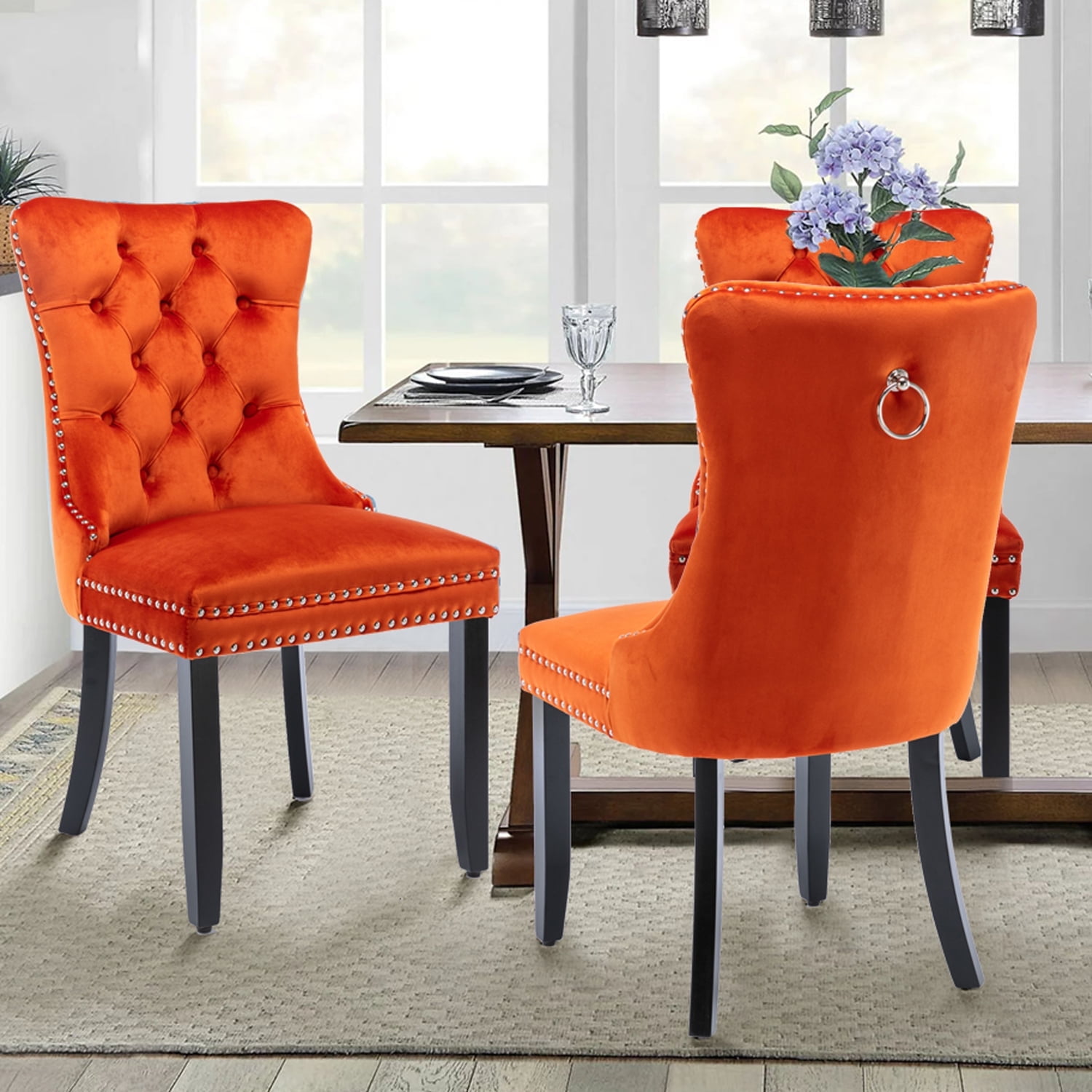 Resenkos Upholstered Tufted Dining Chairs Set of 2 with Nail Head Decor, Orange Velvet Fabric