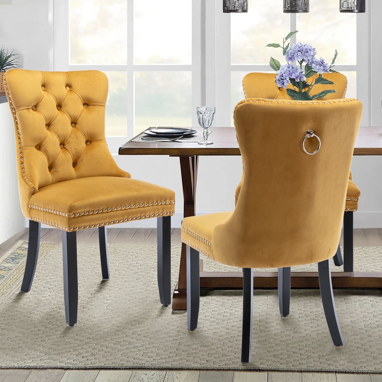 Resenkos Upholstered Tufted Dining Chairs Set of 2 with Nail Head Decor, Yellow Velvet Fabric