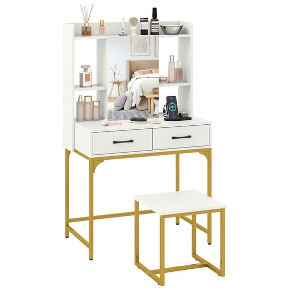 Resenkos Vanity Desk - Storage Drawers, Built-In Charging Station, Multifunctional Dressing Table - White
