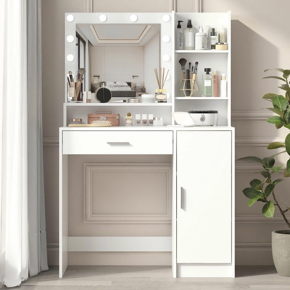 Resenkos Vanity Desk with Mirror & Light, 3 Lighting Modes & Large 3-Tier Drawer Storage Dresser, White