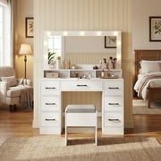 Resenkos Vanity Desk with Mirror Lights, Makeup Vanity Table with Power Outlet for Bedroom, Dressing Room, White