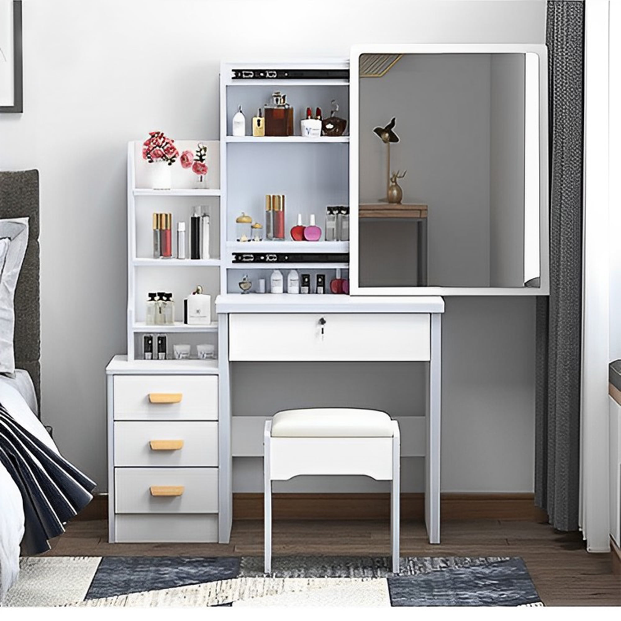 Resenkos Vanity Desk with Mirror and Lights for Makeup and Chair, 4 Drawers Storage Dresser for Bedroom Bathroom, White