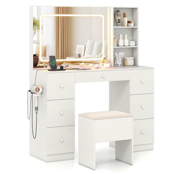 Resenkos Vanity Set - Lighted Mirror, Dressing Table, Cushioned Stool, All-in-One Makeup Station - White