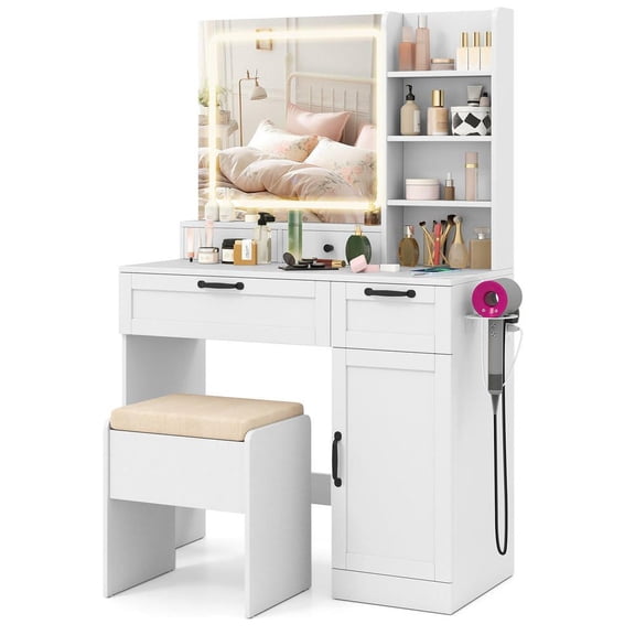 Resenkos Bedroom Vanity Set - Lighted Mirror, 3 Lighting Modes, Adjustable Brightness - White