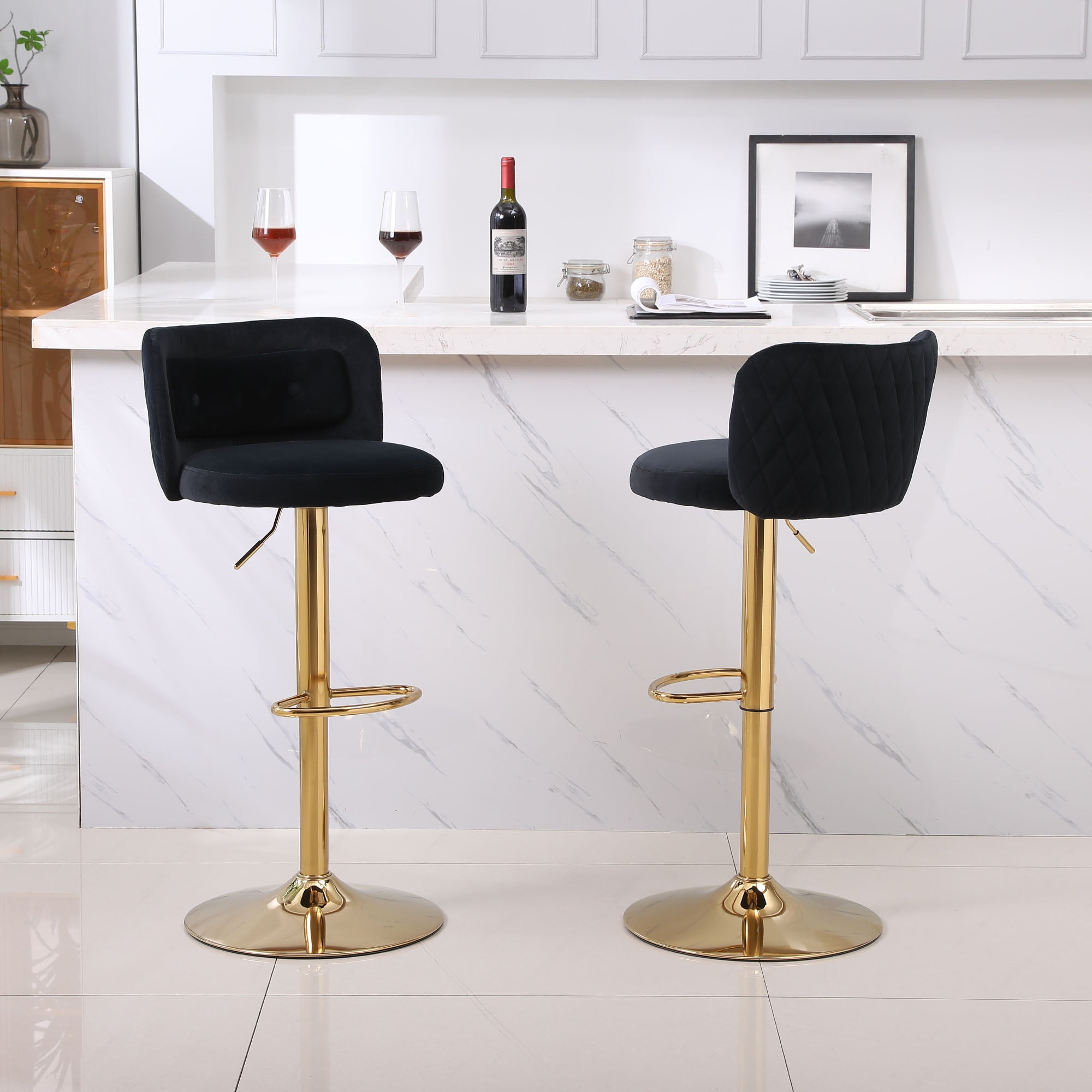 Resenkos Velvet Bar Stools Set of 2 with Footrest, Counter Stools for Bar Bistro Dining Room Kitchen, Black